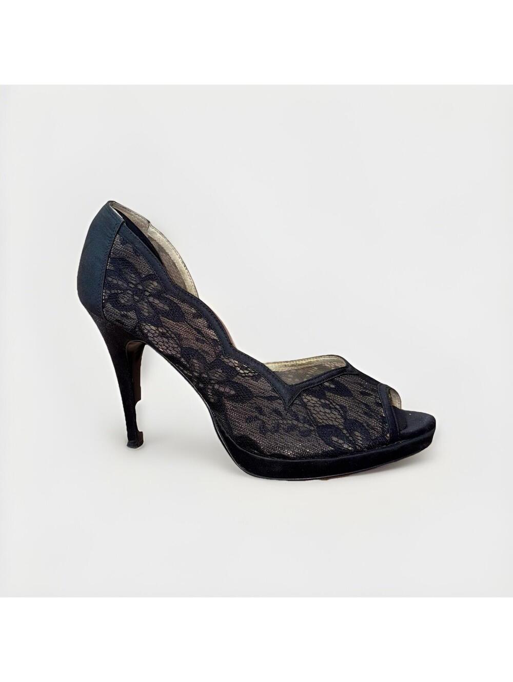 Salvatore Ferragamo Black Lace Peep Toe Heels Womens Size 9.5 Italy